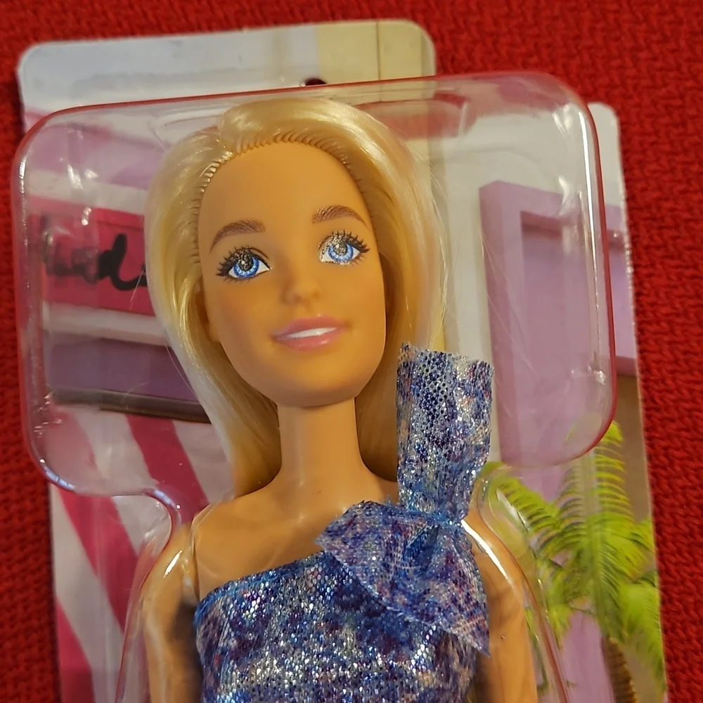 Barbie Mattel silver blue 1 shoulder sparkle dress blonde hair but eyes NIP